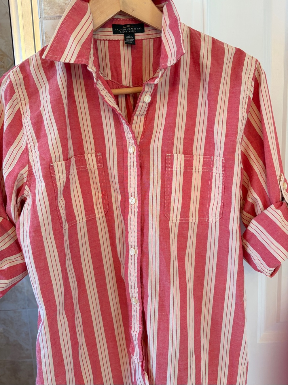 Vintage LRL Ralph Lauren Jeans Co. Red and cream striped utility button-down (L) - Picture 8 of 8